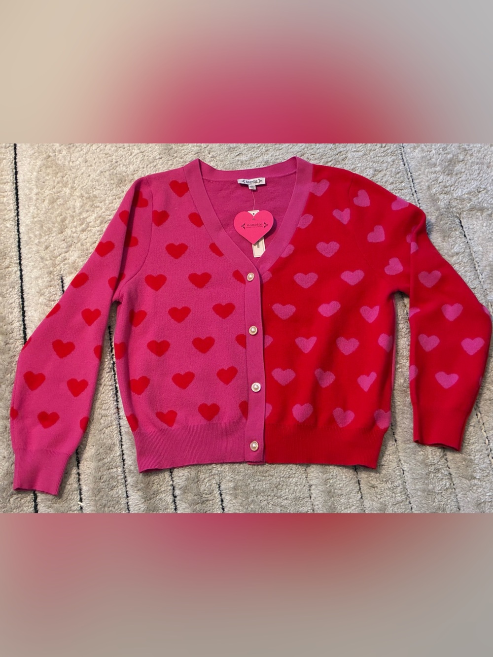 Nanette Lepore Pink & Red Heart-Print V-Neck Cardigan